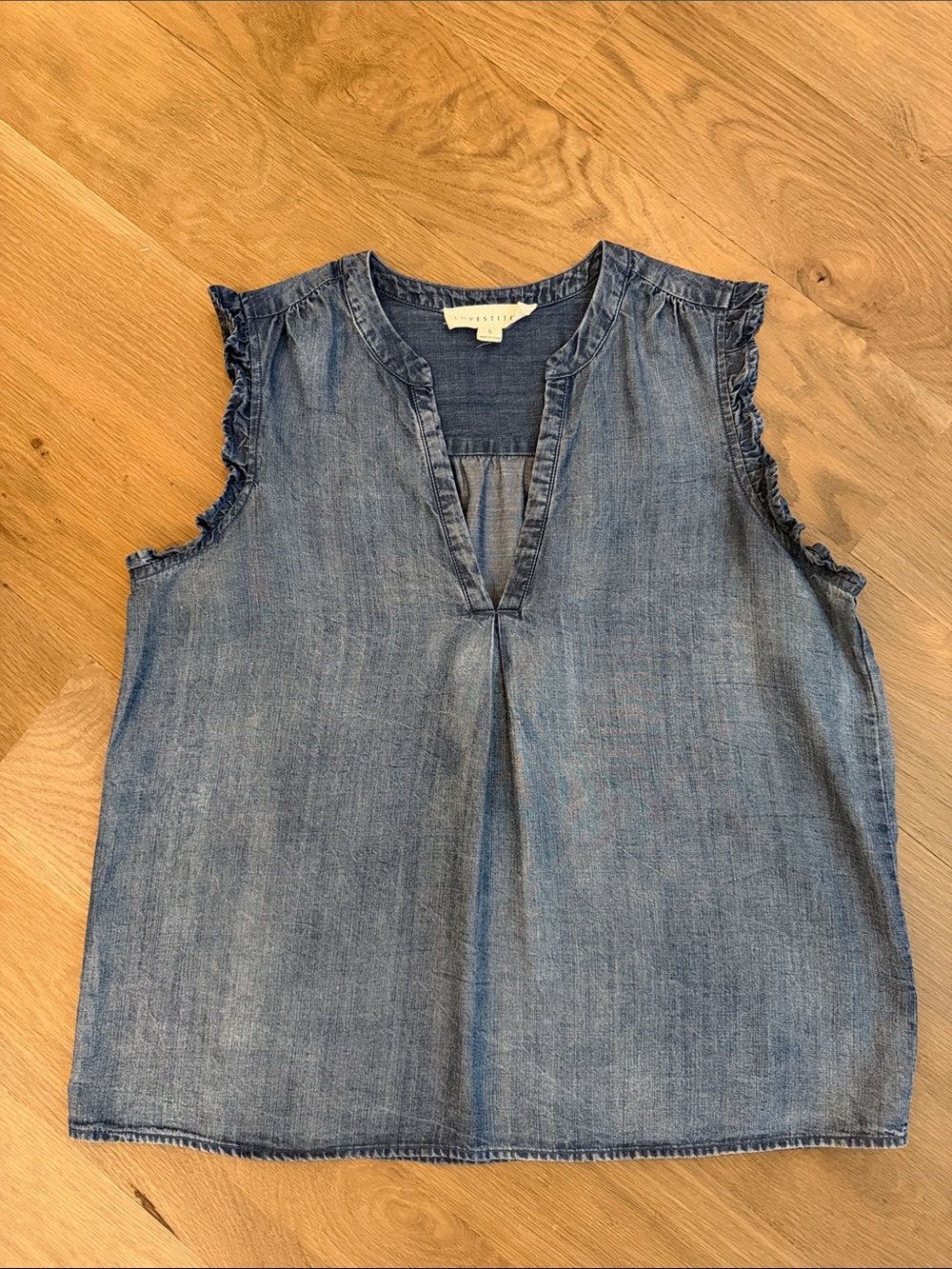 lovestitch Denim Chambray V-Neck Top - Blue